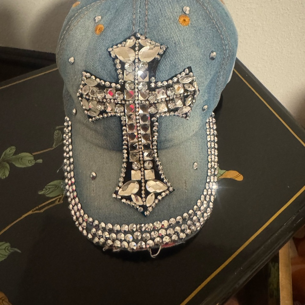 Embellished Denim Cap with Cross Design